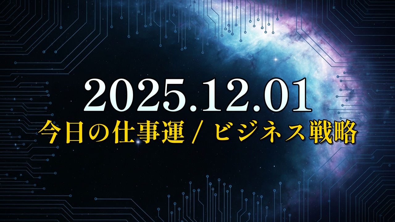 宇宙空間の銀河と回路基板を背景に「12星座別 仕事運を最大化」と白と金色で書かれたテキスト。AIによるビジネス運勢予測のコンセプトを示す。
